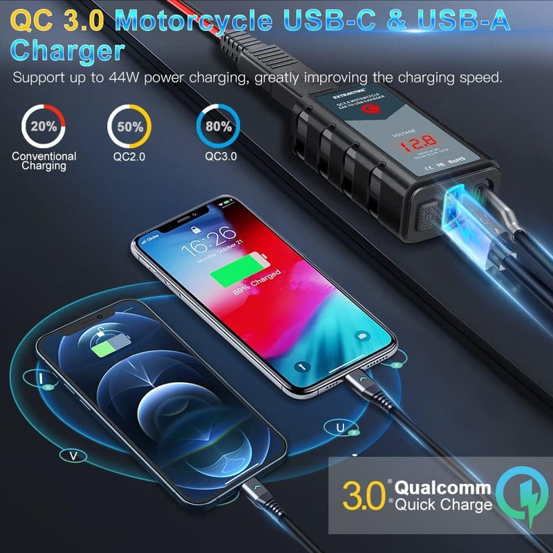 EXTRACTME 6.4A Motorcycle USB Charger, Total 44W Dual USB Type C PD & Quick Charge 3.0 Motorcycle Phone Charger with Voltmeter & ON/Off Switch, Waterproof Motorcycle Accessories SAE to USB Adapter - Image 2